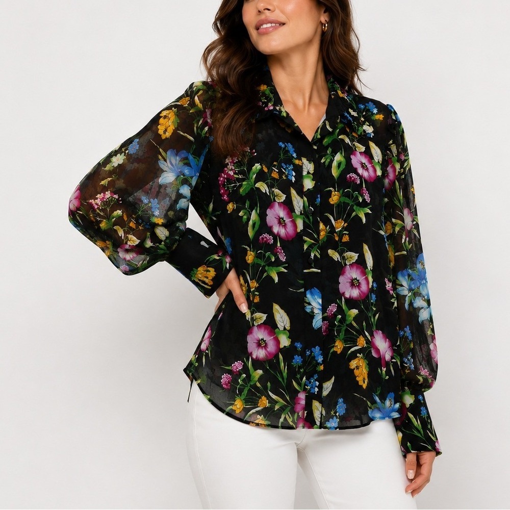 MISA‎ Los Angeles Blouse XS Black Floral Chiffon Ruffle Button Up Split Sleeve